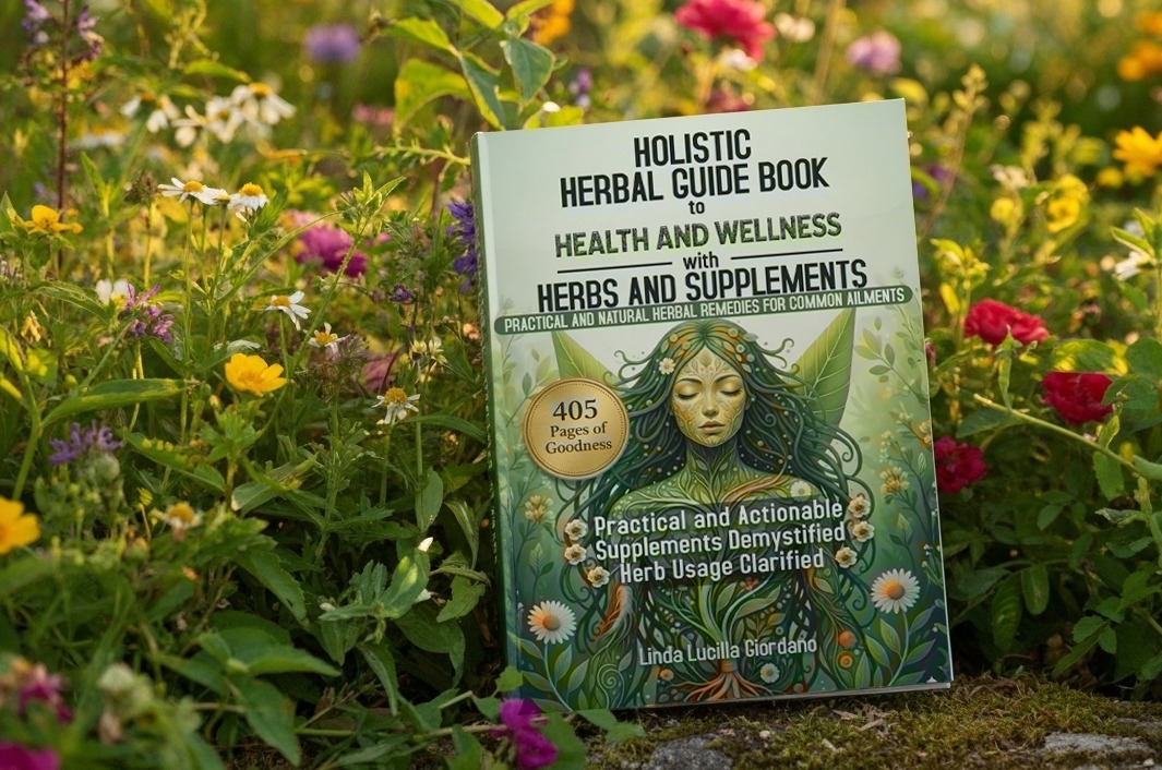The Holistic Herbal Guide Book displayed on a rustic wooden table with scattered herbs.